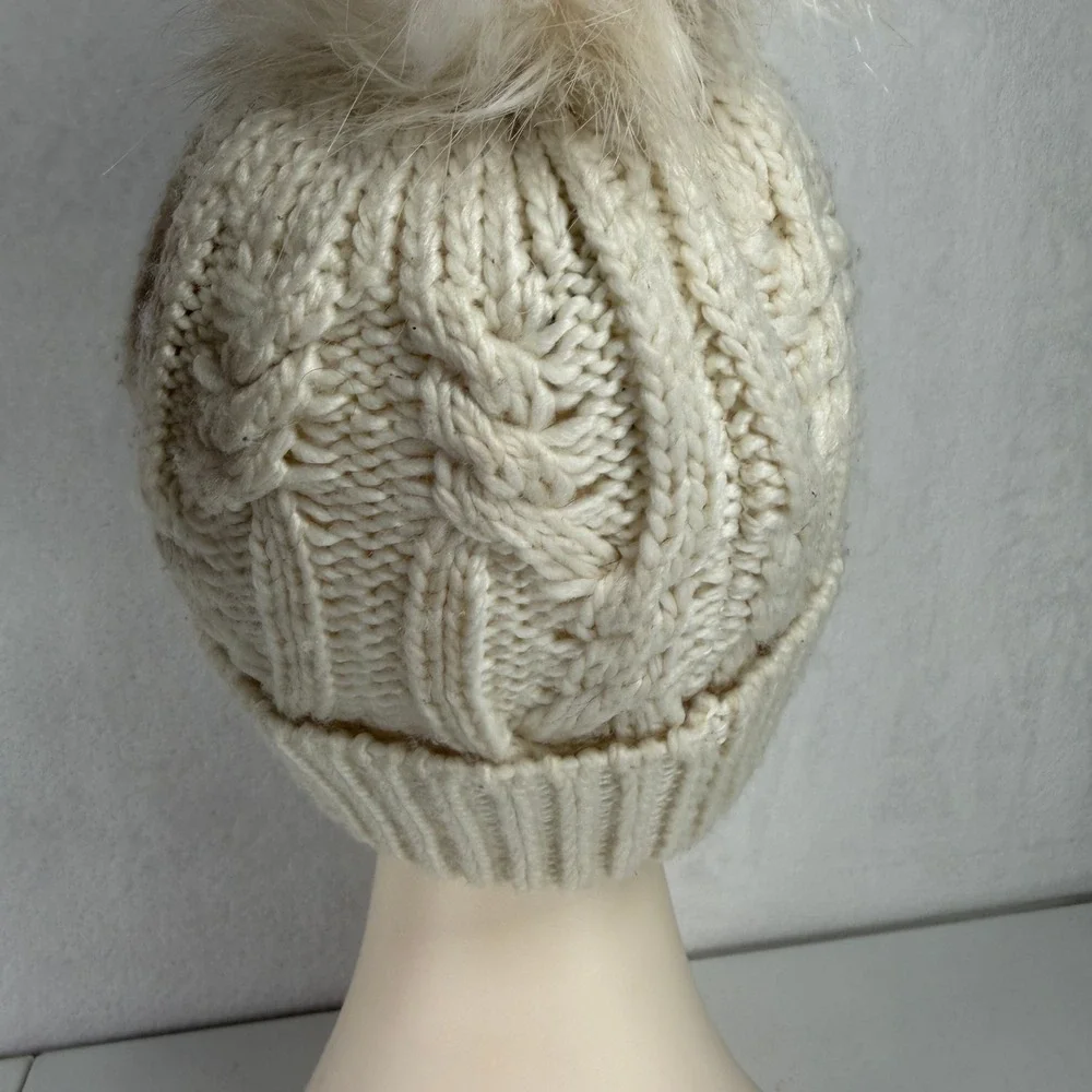 The North Face Kids OS Beanie Cable Knit Faux Fur Pom Pom Cream Hat NF0A7WFL